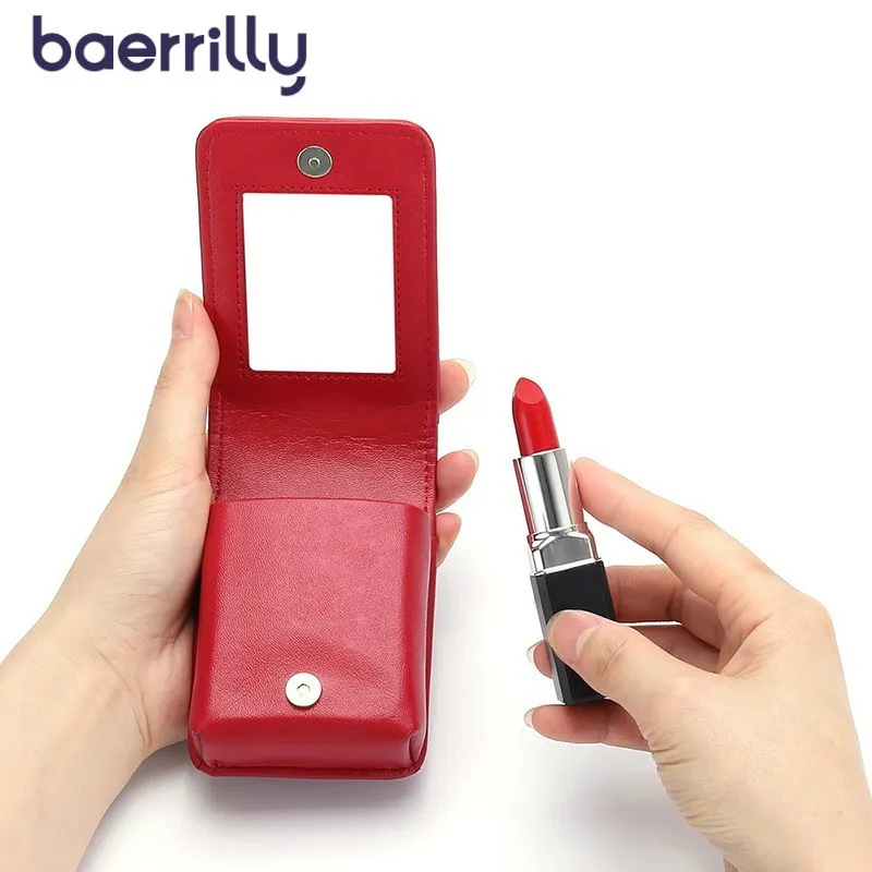 

Fashion Women Lipstick Pocket Genuine Leather Mini Bag Rivet Make Up Organizer With Mirror Makeup Pouch Cosmetiquera Coin Purse