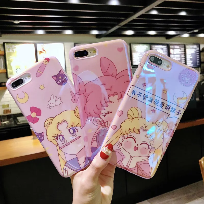 Мягкий чехол Blue ray + стеклянная пленка для iPhone 7 7plus Сейлор Мун Чехлы и закаленное