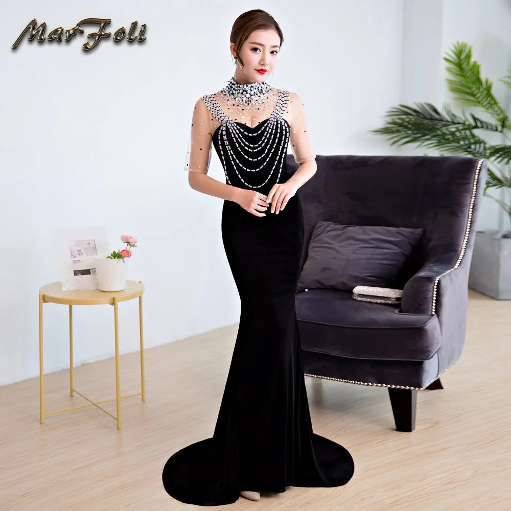 Marfoli Русалка Выпускные платья Длинные блёстки вечерние черные сексуальные трубы