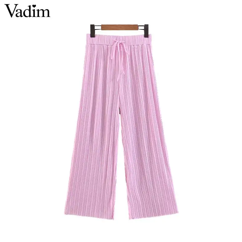 Vadim women elegant pink wide leg pants drawstring elastic waist pleated casual female ankle length chic trousers mujer KA981 | Женская