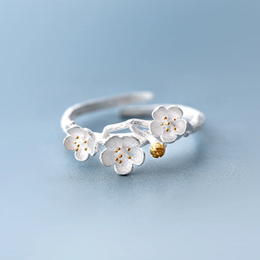 Kinitial New 925 Sterling Silver Plum Flower Rings for Midi Jewelry Fashion Open Adjustable Finger Ring women Gift | Украшения и
