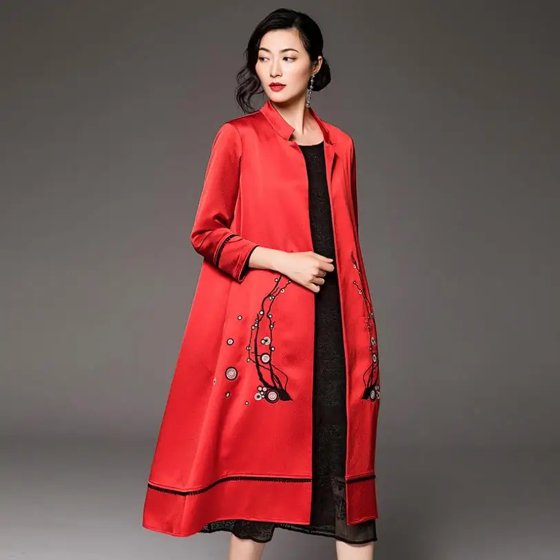 Длинные шелковистые плащ Тренч женские большие размеры Вышивка ветровка кимоно