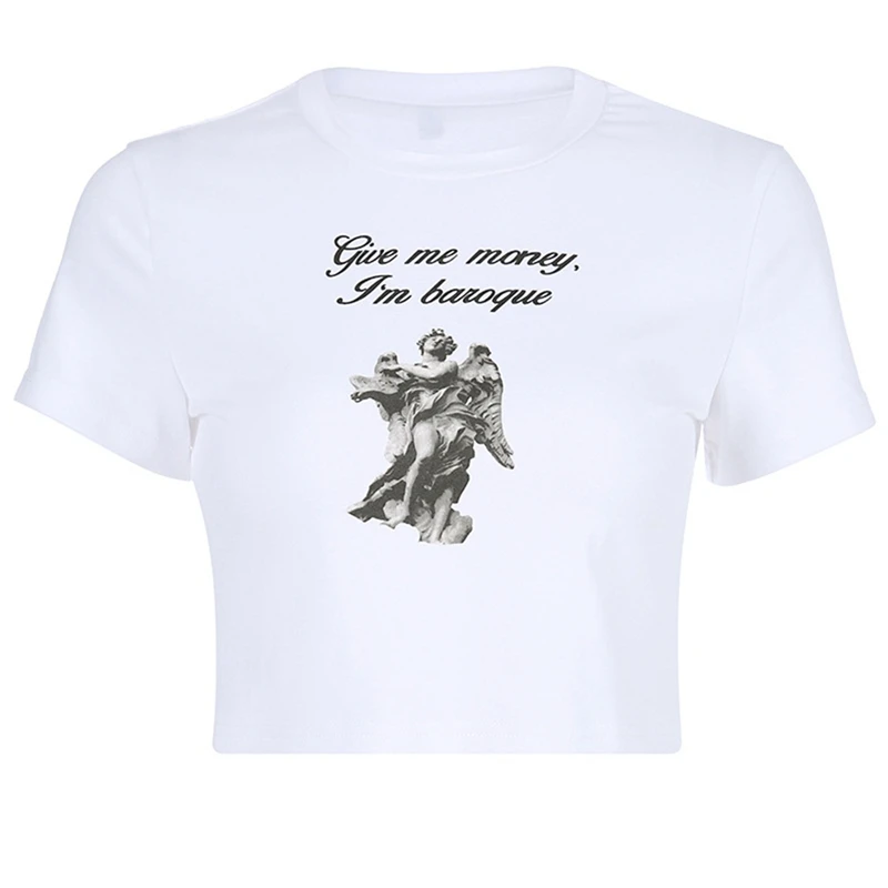

Fashion Kawaii Angel Printed Women t shirts harajuku Summer Loose Short Sleeved O-neck Casual Clothing White Fun Tops Tee