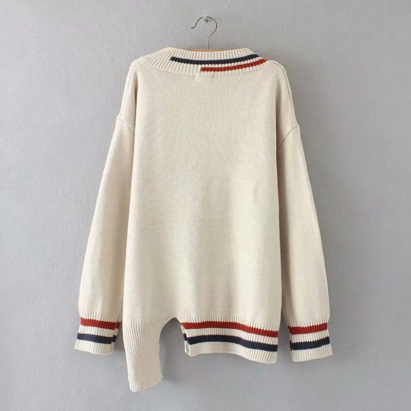 

New 2019 plus Size Women Colorful Stripes Open Fork V Collar Solid Color Sweater Leisure Simple Long-sleeve Sweater