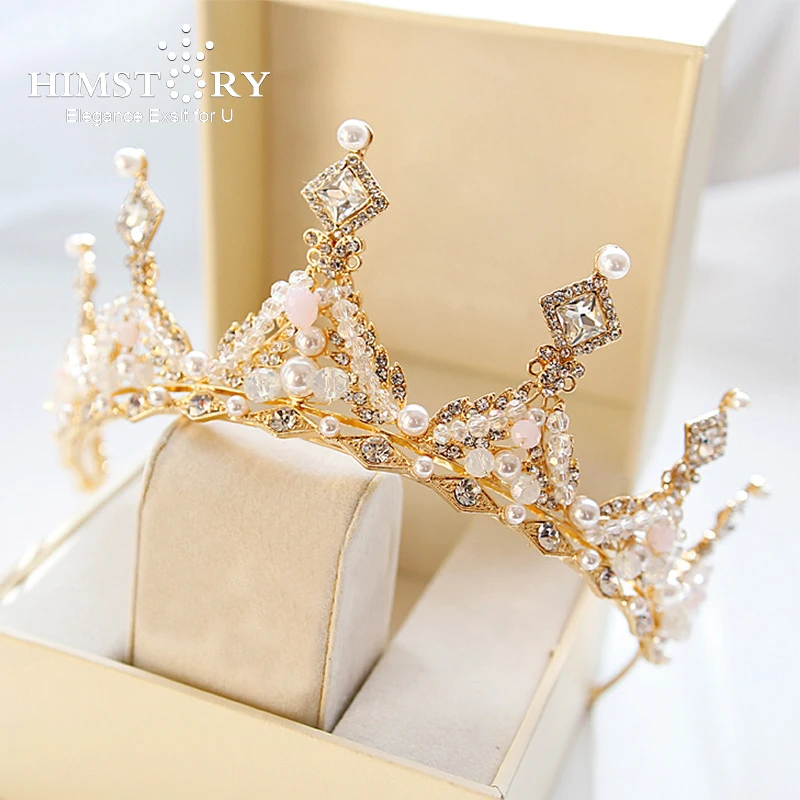

HIMSTORY Gorgeous Large Tiara Wedding Bridal Crowns Gold Clear Rhinestones Crystal Brides Headband Pageant Party Hair Accesories