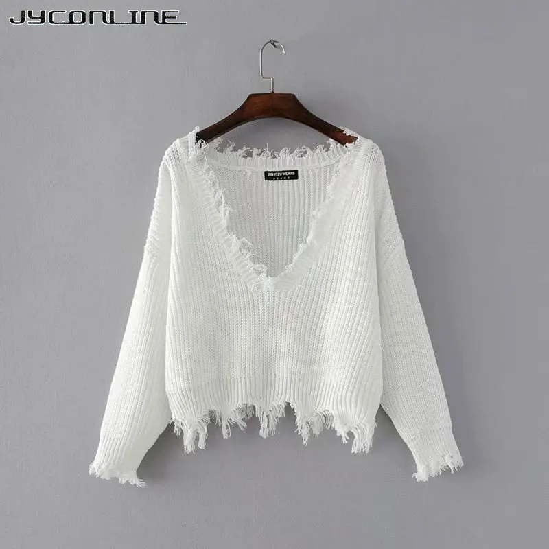 

JYConline Sexy Knitted Sweater Women Jumper Black White V-neck Ripped Pullover Sweater Pull Femme Oversized Sweater Knitwear Top