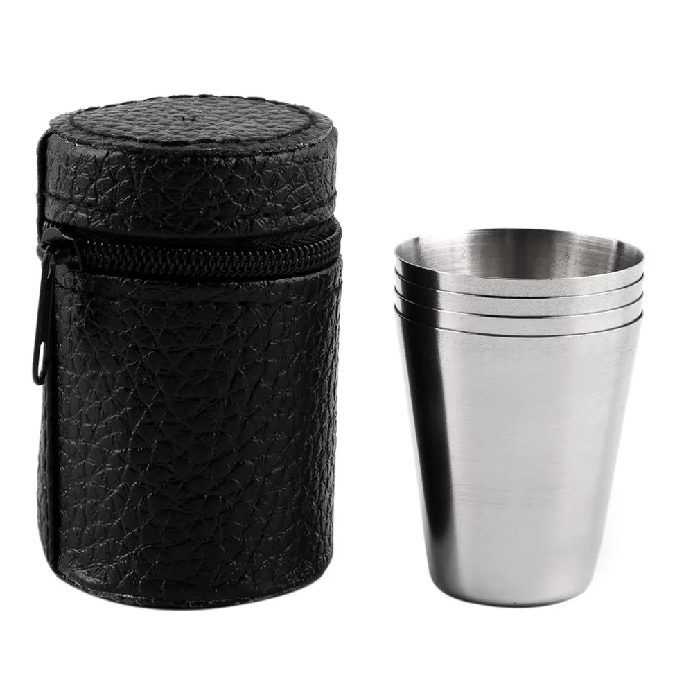 

hot sale 1 Set of 4 Stainless Steel 30ML, 70ML, 180ML Camping Cup Mug Drinking Coffee Tea With Case