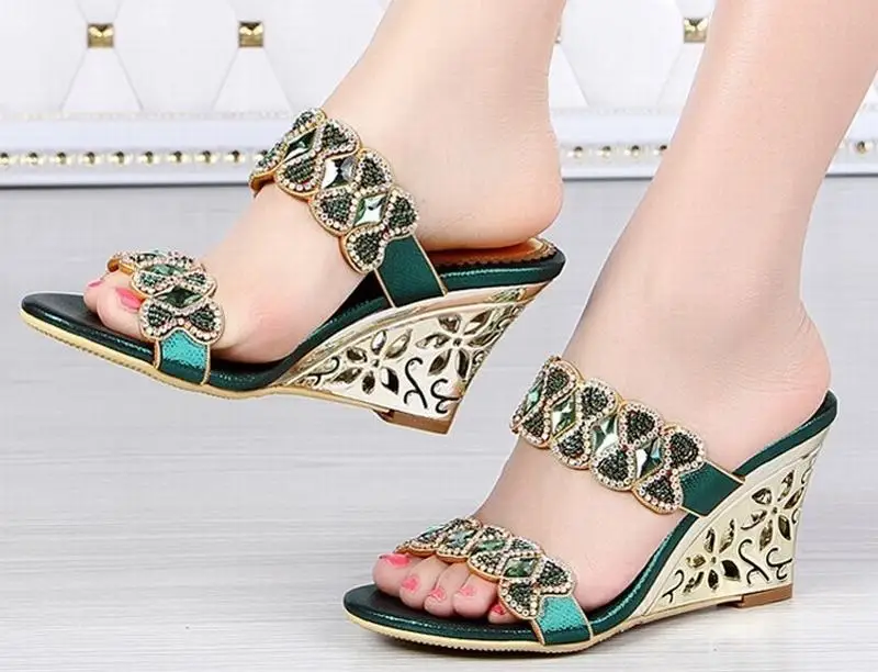 big size 34-44 hot 2018 women wedges sandals thick high heeled shoes gladiator rhinestone bow slippers ladies sandalias fashion | Обувь