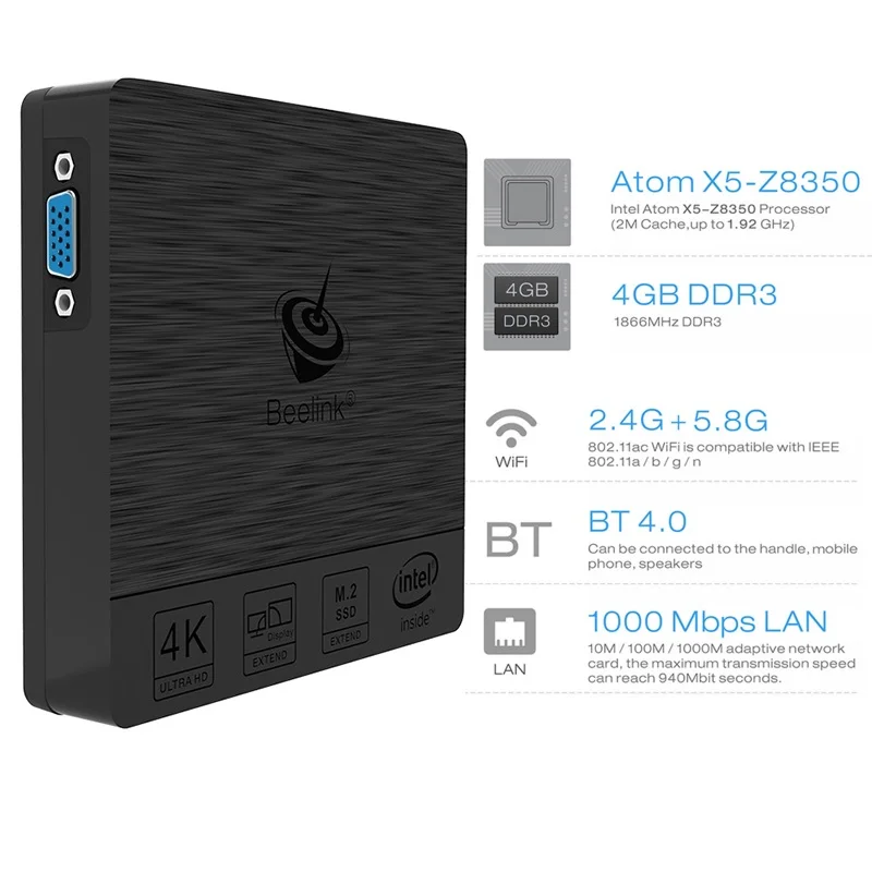 Beelink BT3 Pro Mini PC 4 + 64 GB Intel Atom X5 Z8350 2 4/5 8 ГГц двухдиапазонный Wi Fi Bluetooth 0 Ethernet 1000 Мбит/с ЕС