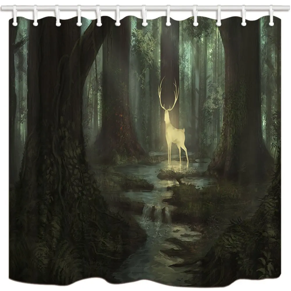 Фантастическая душевая занавеска s светящийся Олень в мечтательном лесу для
