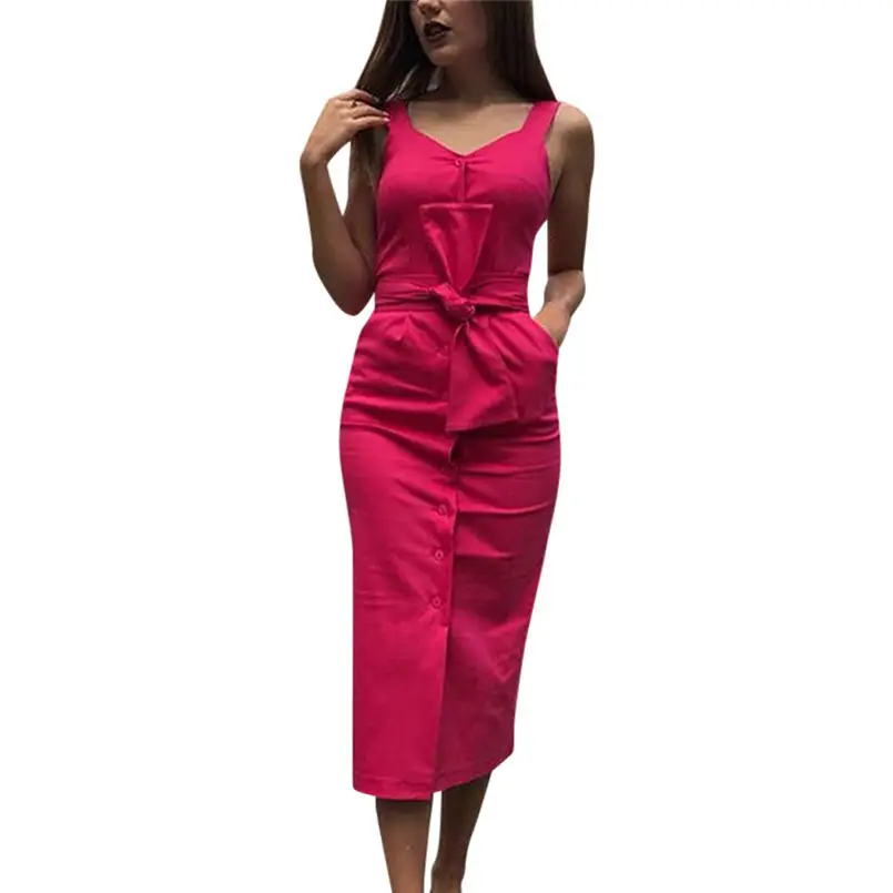 Женское платье без рукавов с V образным вырезом на пуговицах|Женские платья| |