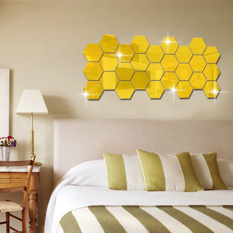 12pcs Hexagon Cellular Acrylic Mirror Wall Stickers Diy Art Decor Home Living Room Mirrored Decorative Sticker | Дом и сад
