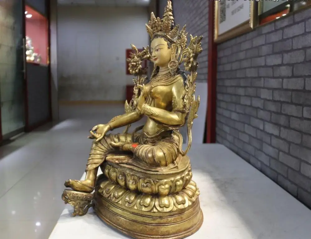 Тибет Лхаса старый Золотой позолоченная медь зеленый Tara Kwan-Yin Bodhisattva богиня Будда