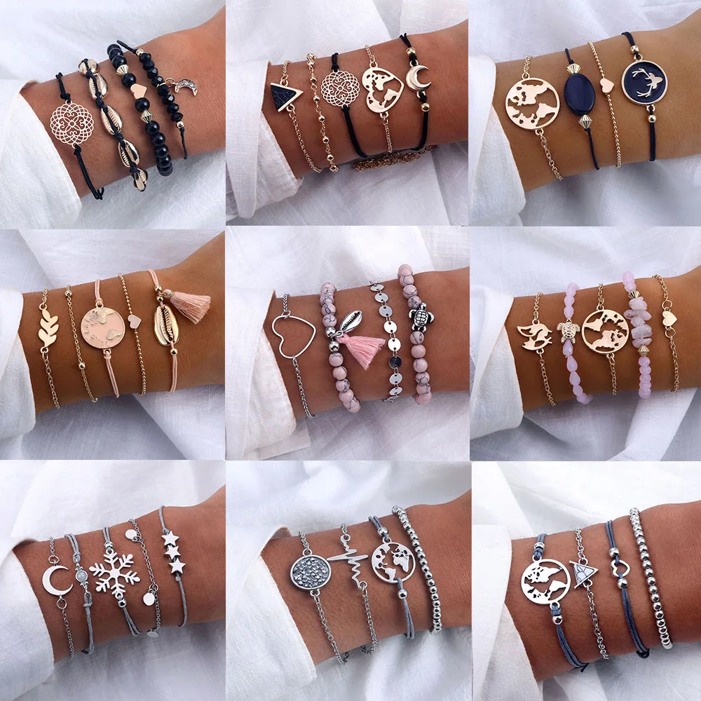 

IPARAM Retro Bohemian Pink Turtle Heart Bracelet Set 2019 Trend Female Bracelet Geometric Beads Shell Pendant Bracelet Jewelry