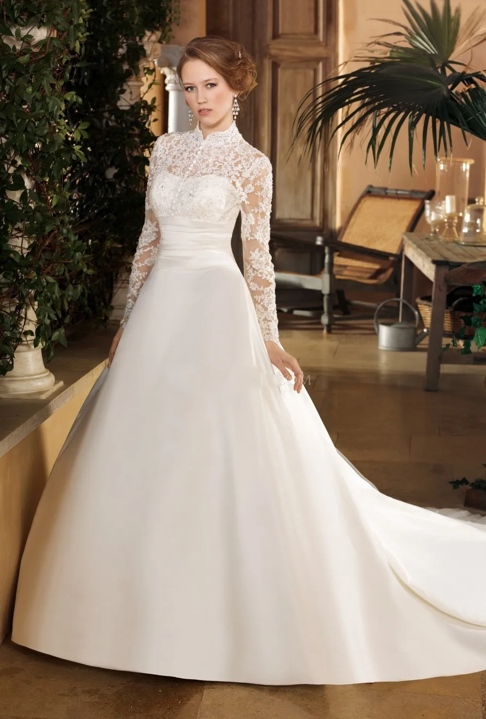 Long Sleeved Lace Elegant Muslim Wedding Dresses Vestidos De Novia 2015 Train Ball Gown High Neck Modest Bridal Gowns | Свадьбы и