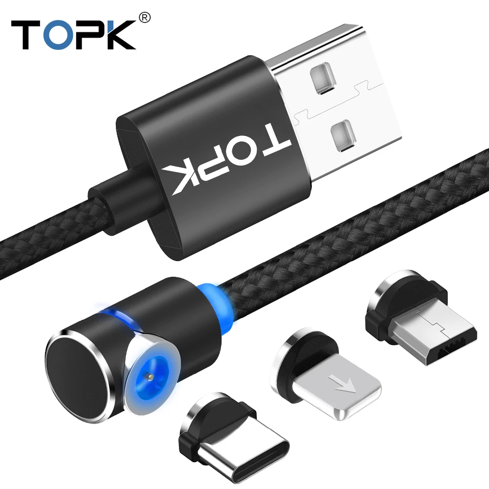 TOPK 1 м 90 градусов Магнитный кабель, нейлоновый светодиодный Micro USB кабель и usb type-C USB C кабель для iPhone samsung huawei Xiaomi htc sony