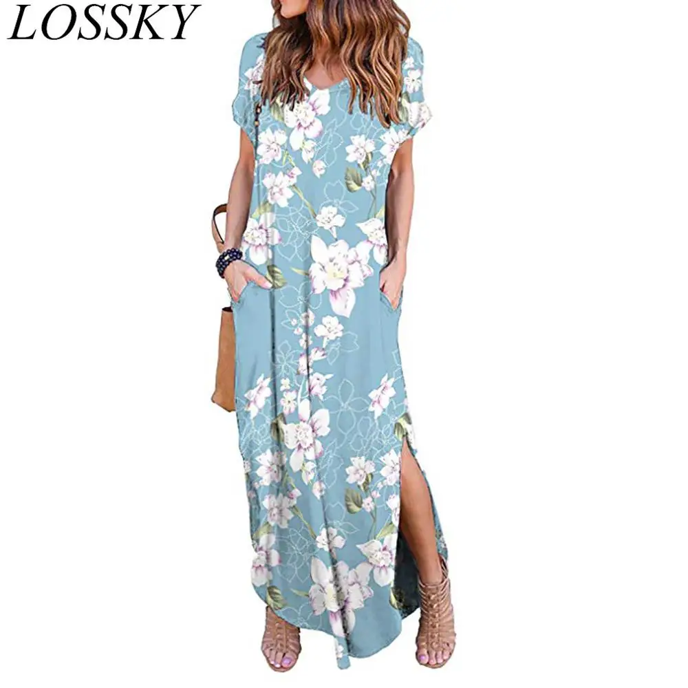 

2019 New Women Summer Maxi Dress Casual Loose Floral Print V Neck Short Sleeve Split Pocket Boho Beach Dress Long Dress Vestidos