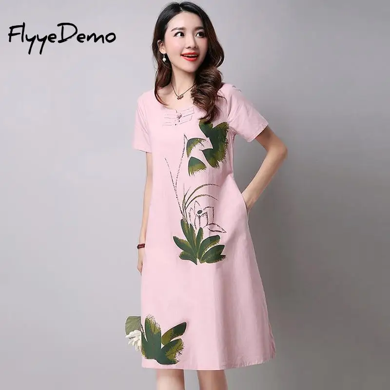 Women Casual Cotton Linen Dress Lotus Printing O-Neck Summer 2018 Vintage Short Sleeve Waist Bow Loose Dresses |