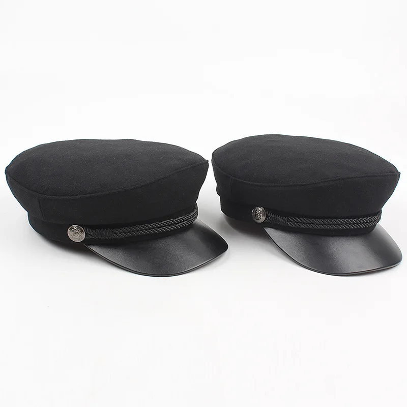 Зимние шапки для женщин, военная шапка, шерсть%, восьмиугольная кепка, Женская Кожаная шапка с цепочкой, одноцветная шапка с газетчиком, берет