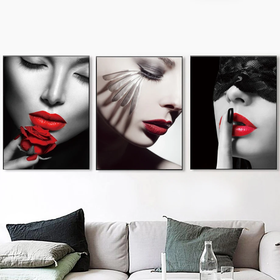 

Vogue Sexy Girl Red Lips Feather Wall Art Canvas Painting Nordic Posters And Prints Wall Pictures For Living Room Salon Decor