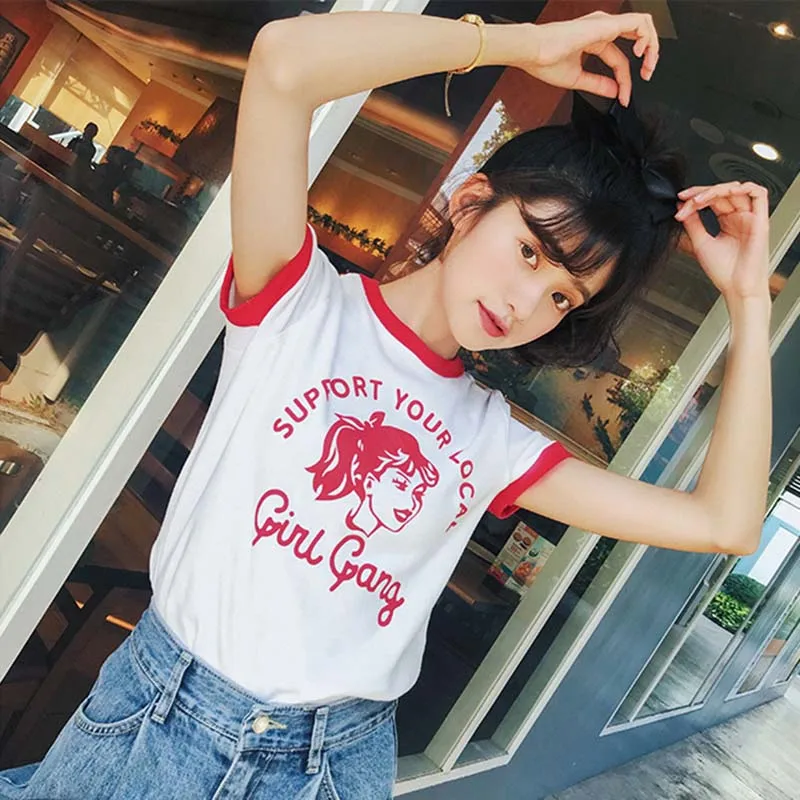 Support your local Girl gang fashion print Harajuku female shirt New Summer Retro Ulzzang Casual Kawaii tops cotton women | Женская