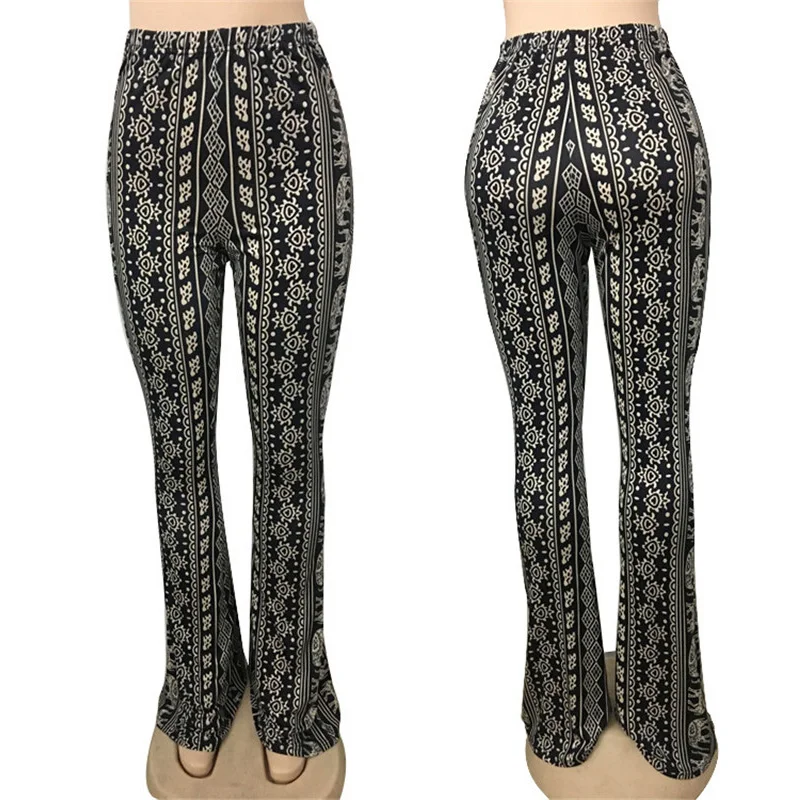 Boho расклешенные брюки женские богемные Модные свободные длинные штаны племенные африканские принты широкие брюки клеш леггинсы хиппи брюки - Цвет: Black