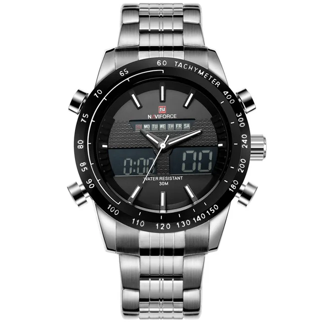 Silver Black NAVIFORCE Роскошные Брендовые мужские водонепроницаемые полностью стальные часы Мужские кварцевые аналоговые светодиодный часы мужские спортивные наручные часы Relogio Masculino - Цвет: Silver Black