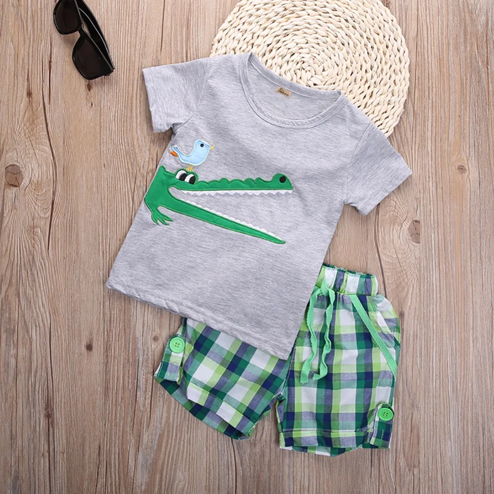 Children Toddler Baby Kids Boys Clothes Sets Summer Cute Animals Plaid Tops T-shirt Pants Shorts Outfits Size 2 3 4 5 6 7T |