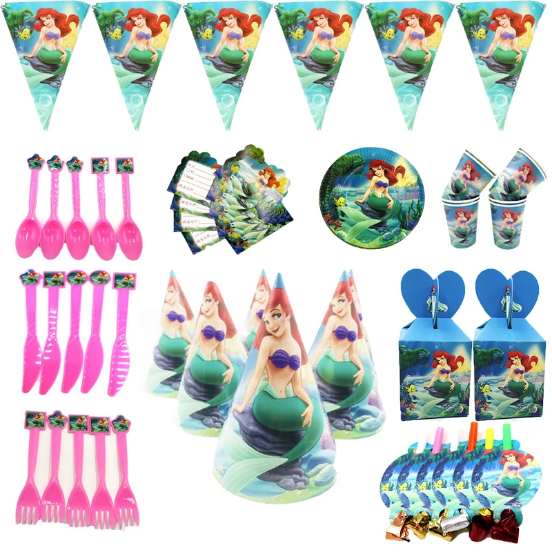 

Mermaid Party Supplies Decoration Favors Tablecloth Cup Plate Straw Napkin Candles Gift BagCandy Popcorn Box Kids Birthday DIY