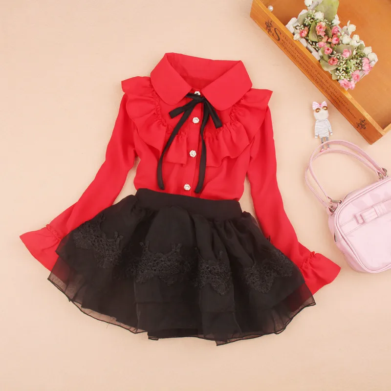 Осенняя шифоновая блузка с длинным рукавом и отложным воротником|kids shirts|girls