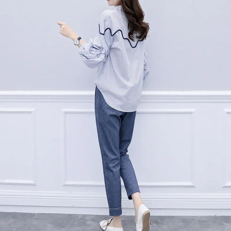 

2019 Spring Women Two Piece Set Female Stripe Tops And Elastic Waist Pants Suits Outfits Ladies Vintage Tracksuit Clothing F152