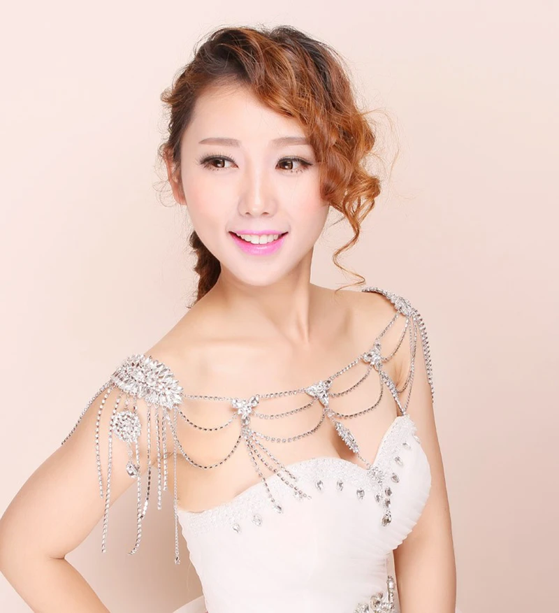 Himstory Rhinestone Crystal Bridal Shoulder Chain Necklace Tassels Dangle Bid Necklace Wedding Party Chokers Necklace Jewelry