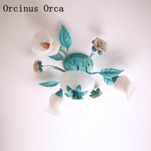 

American Pastoral Blue Flower ceiling lamp Living Room Restaurant Modern Creative LED Tieyi Rose ceiling lamp free shipping
