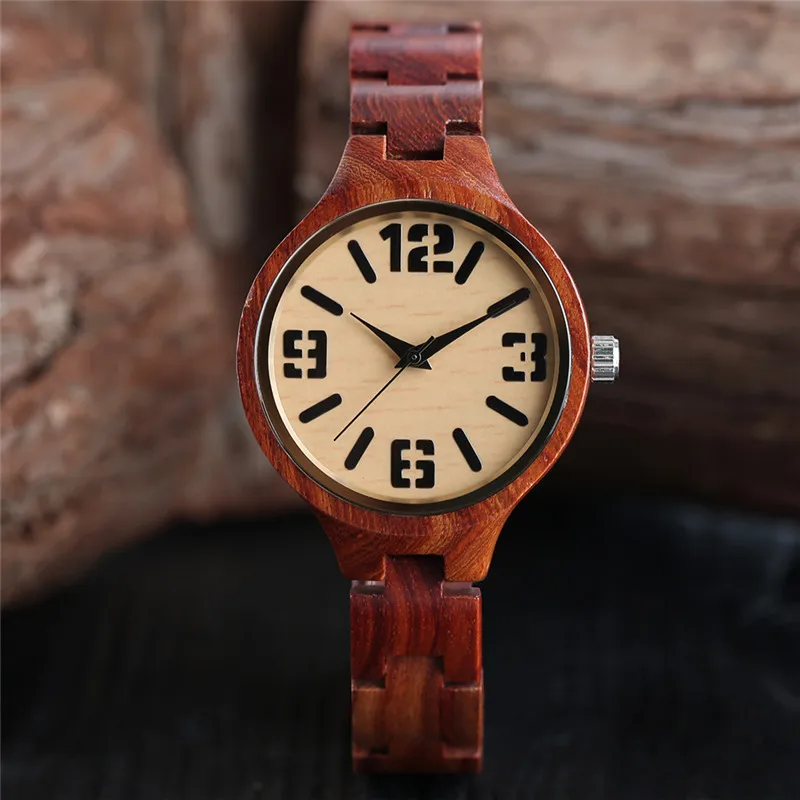 

Elegant Trendy Ladies Quartz Hand-made Red Wooden Bamboo Watch Small Size Wood Watchband Bracelet Clasp Luxury Gift for Female