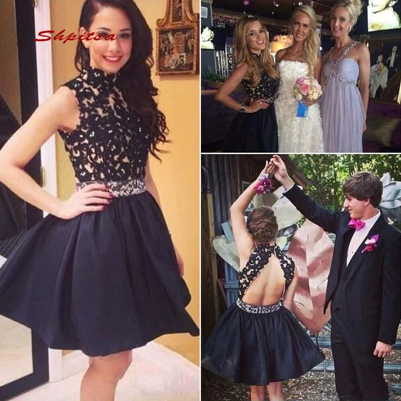 Black Short Lace Homecoming Dresses Women Crystals Plus Size 8th Grade Little Semi Cocktail Prom Graduation Dress
