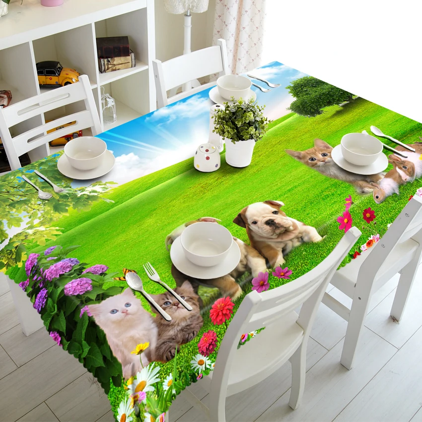 

3D Tablecloth Cute Kitten Puppy Pattern Polyester Cotton Material Dustproof Tablecloth Wedding Party Decoration Table Cloth