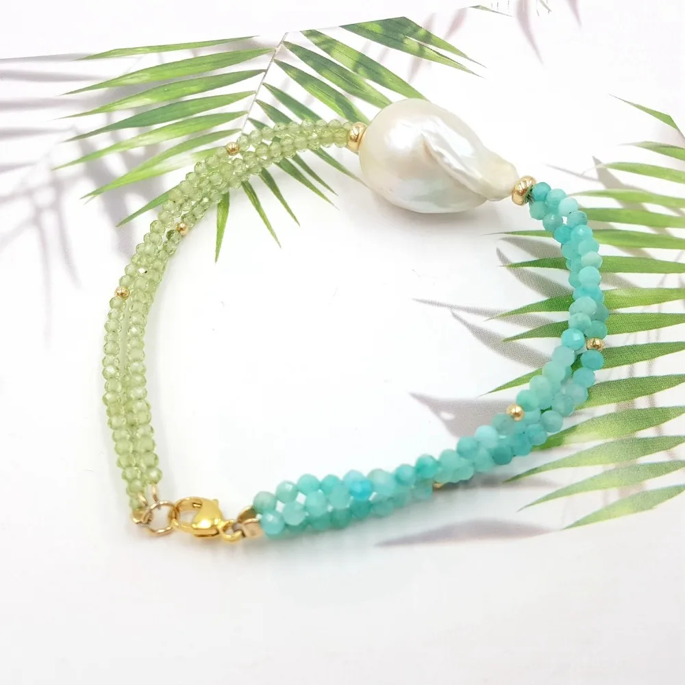Lii Ji Natural Gemstone Peridot Amazonite Baroque Pearl 925 Sterling Silver 18K Gold Color/9K GF 3 Rows Bracelet | Украшения и