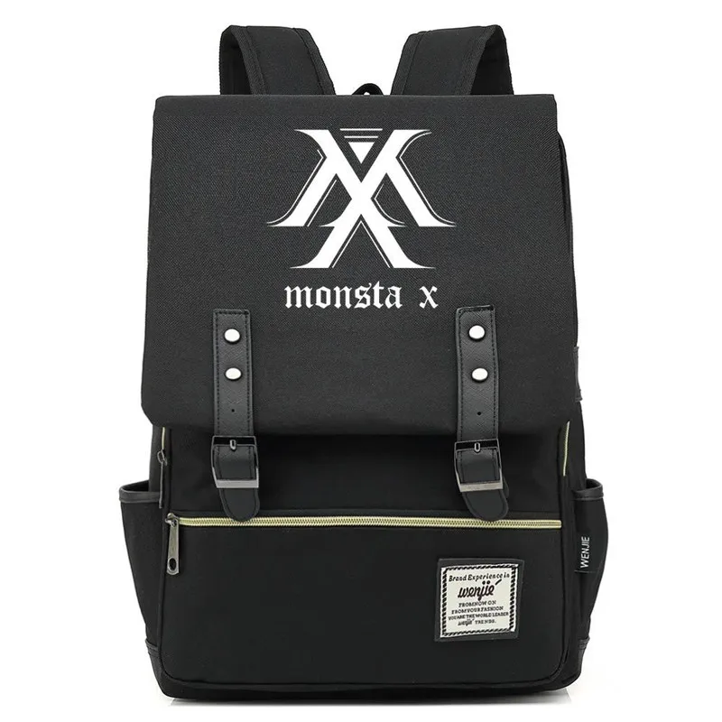

14 16 Inch Monsta X Korean Band School Bag Bookbag Women Backpack Men Boys Girls Students Laptop Bag belt buckle Flip cover