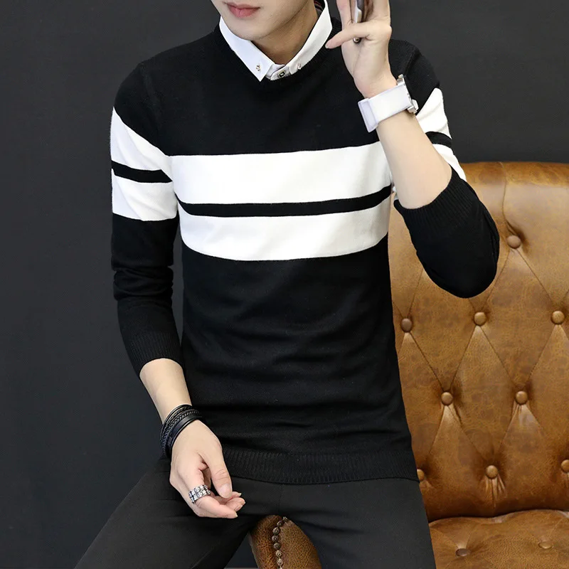 Men Winter Knitted Wear Fashion Patchwork Mens Warm Sweaters Striped Pullover Male Slim Fit O-Neck Outwear HAOYU | Мужская одежда