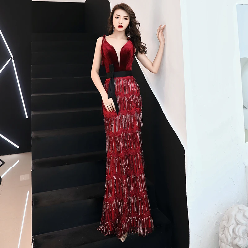 Вечернее платье weiyin De Soiree 2019 новые бордовые Стразы с кисточками сексуальное
