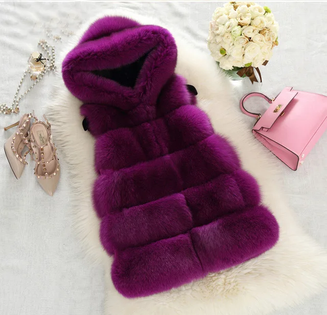 purple Меховой жилет из натурального меха, Женское зимнее пальто, женские Куртки из натуральной кожи, серый жилет с капюшоном, натуральный Лисий мех, жилет для женщин, большие размеры - Цвет: purple