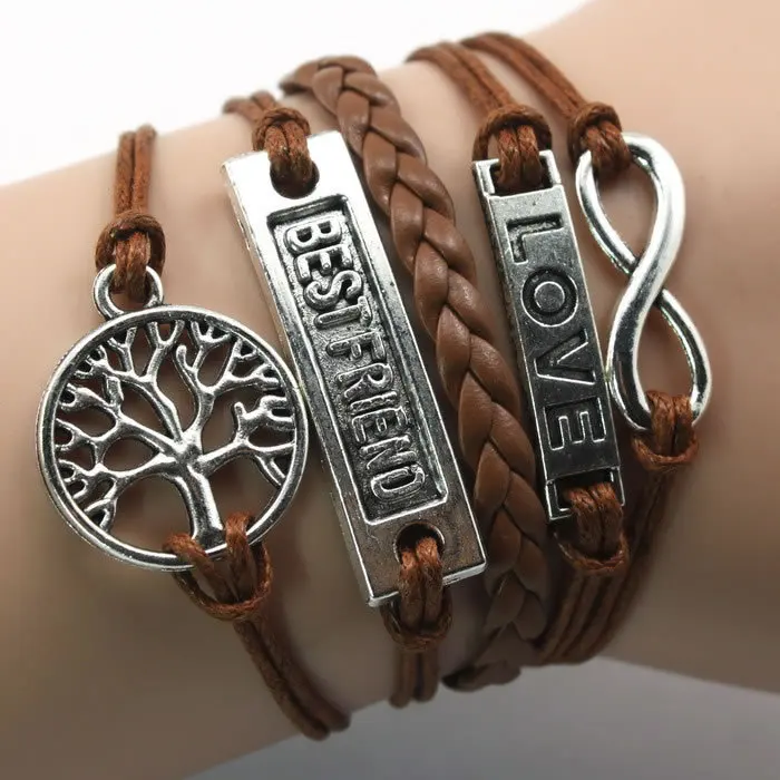 4 Цвета Ручной работы Комбинированный Браслет Бесконечная Любовь Жизнь Дерево и Лучший Друг Браслет Ювелирные Изделия Обернуты Снаружи Кожаным Шнуром