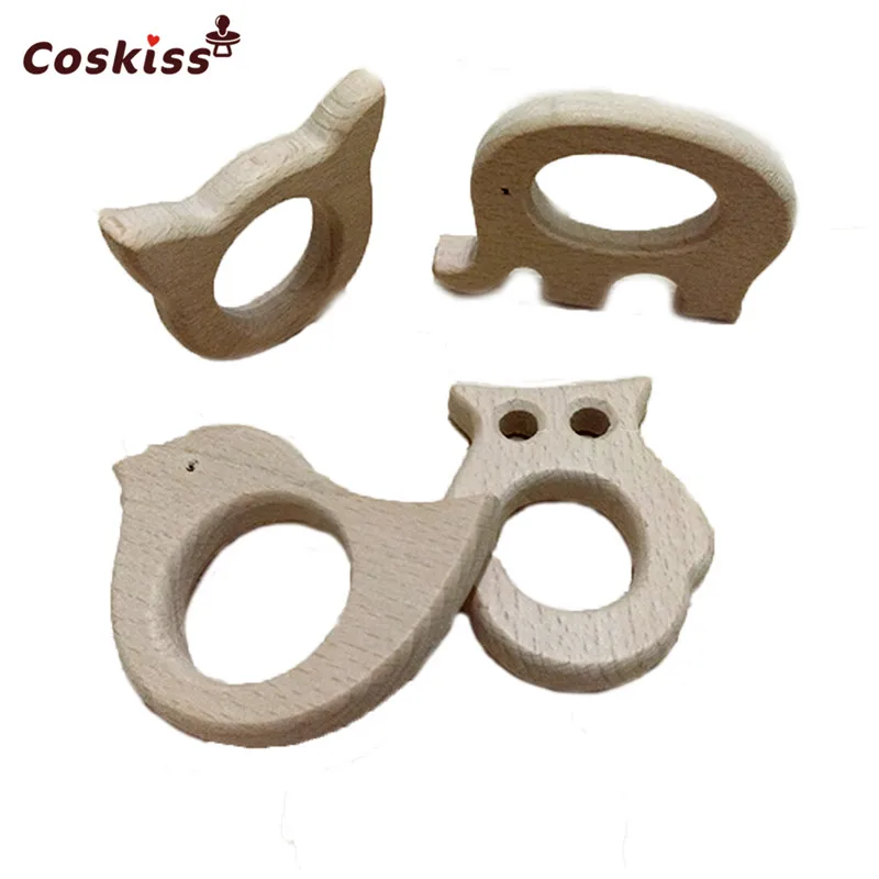 DIY Baby Teether Toys Organic Natural Beech Wooden Elephant-Bird-Owl-Cat Hand Cut Gift | Мать и ребенок