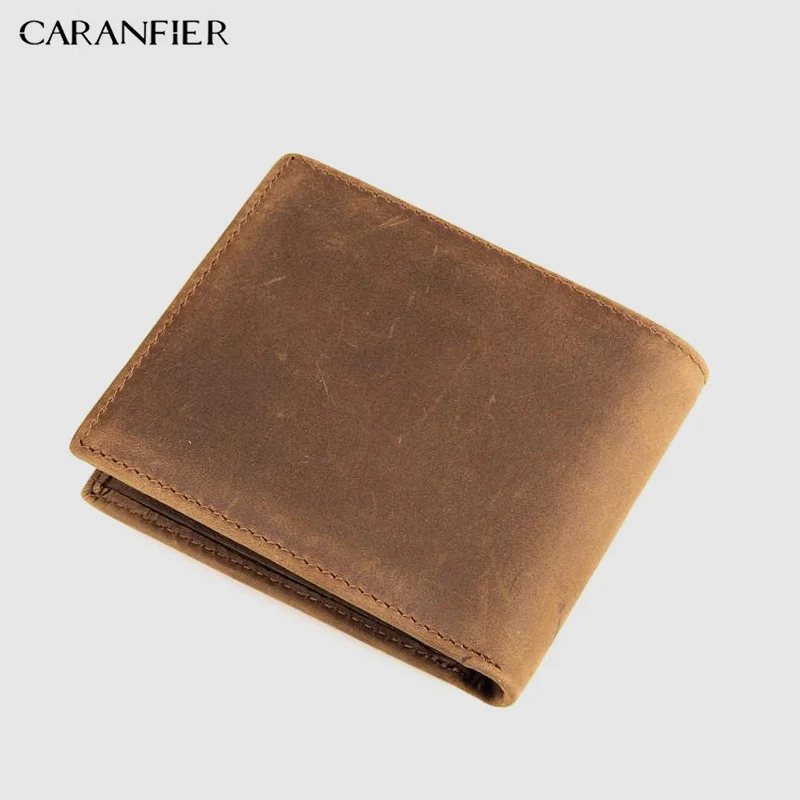 

CARANFIER Wallets Men Genuine Cow Leather Purse Male Crazy Horse Wallet Bi-fold Coin Credit Card Holder Simple Portable Bag