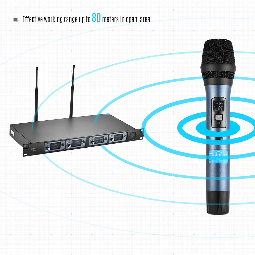 

ammoon 4D Professional 4 Channel UHF Wireless Handheld Microphone System 4 Microphones 6.35mm Audio Cable LCD Display