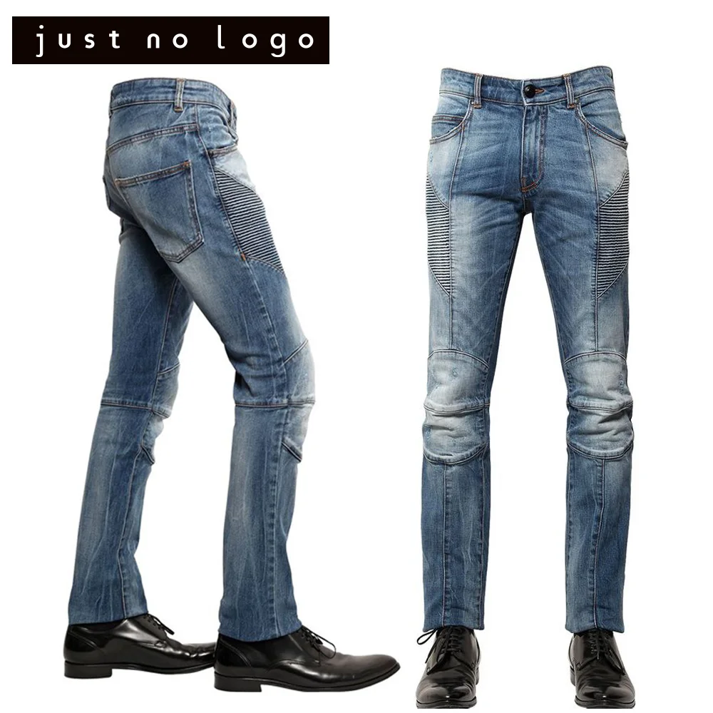 Мужские синие джинсы ребра Дизайн Biker Denim проблемных Рваные молнии брюк Slim Fit