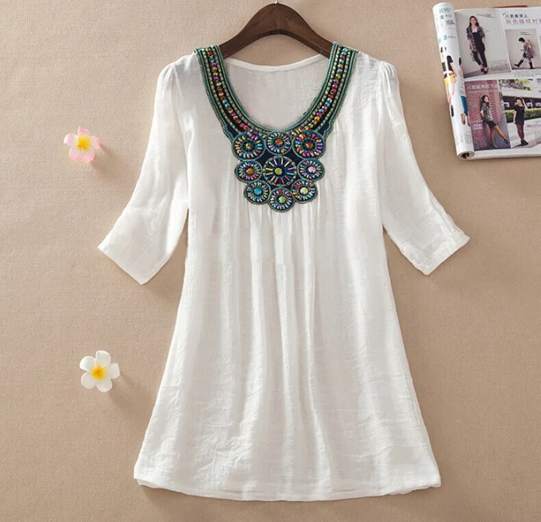 Женская длинная бамбуковая хлопковая рубашка с вышивкой и бусинами|size women|cotton