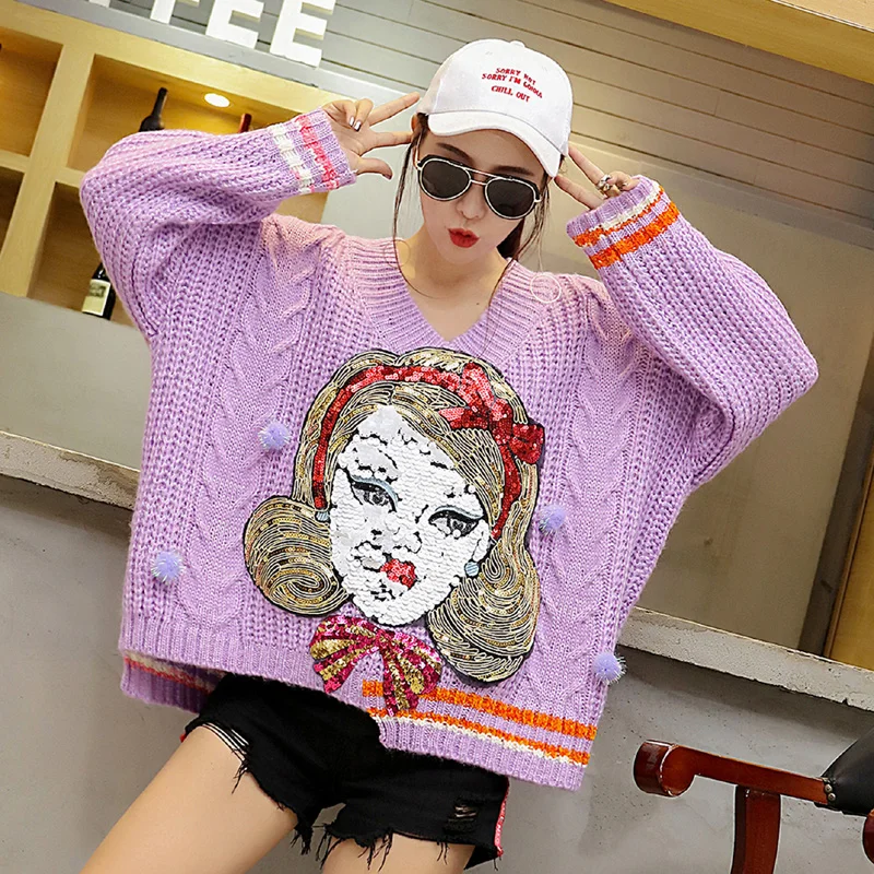 Женский свитер с длинным рукавом Tide осенне-зимний свободный фиолетовый большого