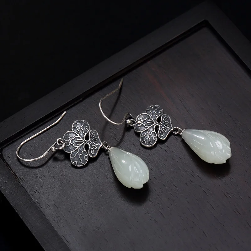 Серьги-подвески из серебра S925 пробы с инкрустированными натуральными