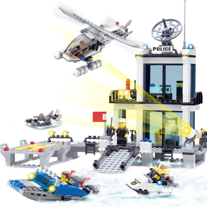 6726 полицейский участок строительные блоки Вертолет Лодка Модель Кирпичи